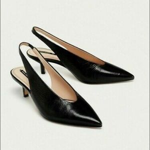 Zara black leather kitten heel slingback mules